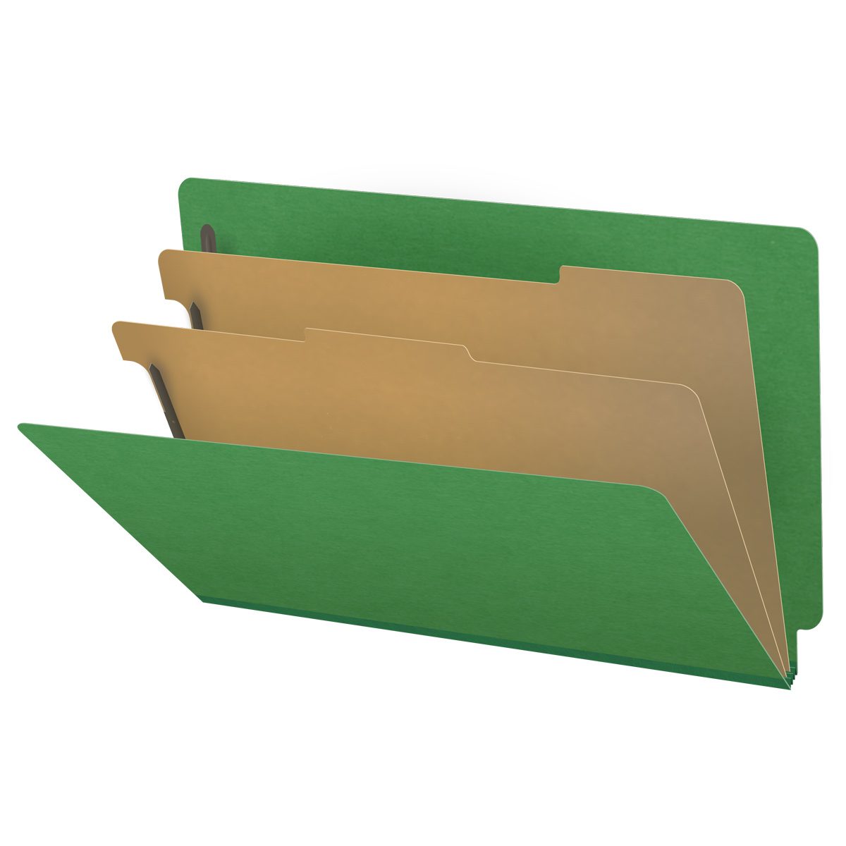 Moss green legal size end tab two divider classification folder with 2" dark green tyvek expansion, with 2" bonded fasteners on inside front and inside back and 1" duo fastener on dividers - DV-S52-26-3MGN