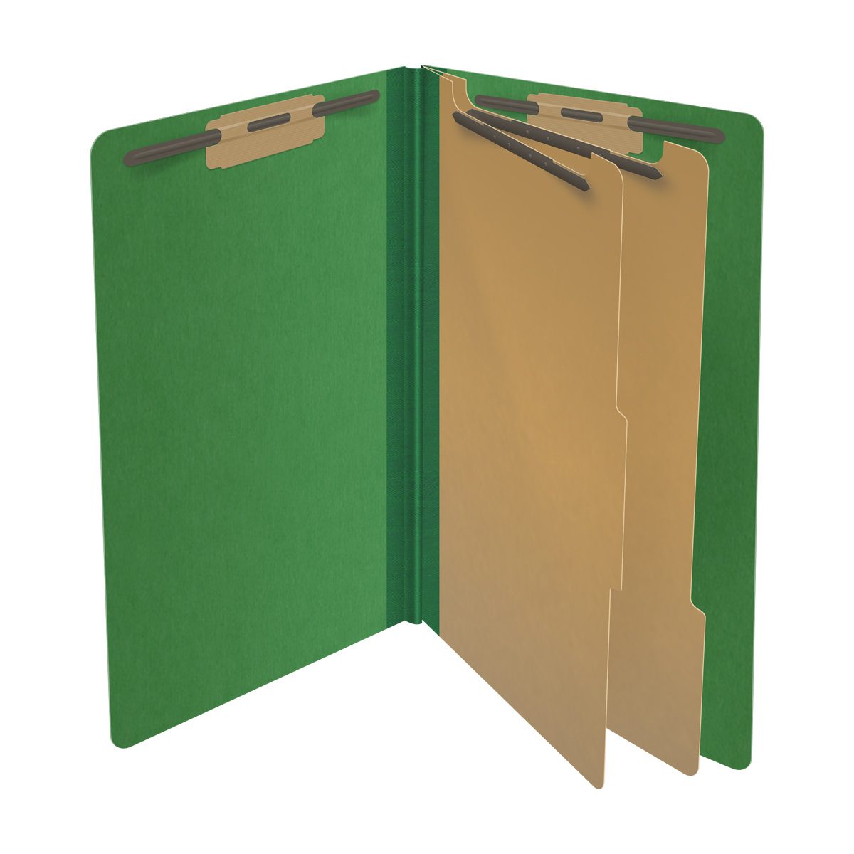 Moss green legal size end tab two divider classification folder with 2" dark green tyvek expansion, with 2" bonded fasteners on inside front and inside back and 1" duo fastener on dividers - DV-S52-26-3MGN