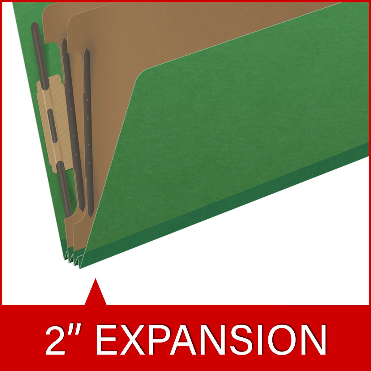 Moss green legal size end tab two divider classification folder with 2" dark green tyvek expansion, with 2" bonded fasteners on inside front and inside back and 1" duo fastener on dividers - DV-S52-26-3MGN