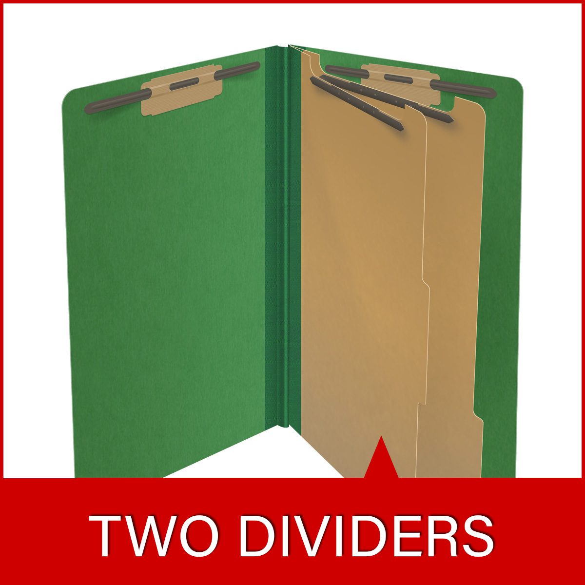 Moss green legal size end tab two divider classification folder with 2" dark green tyvek expansion, with 2" bonded fasteners on inside front and inside back and 1" duo fastener on dividers - DV-S52-26-3MGN