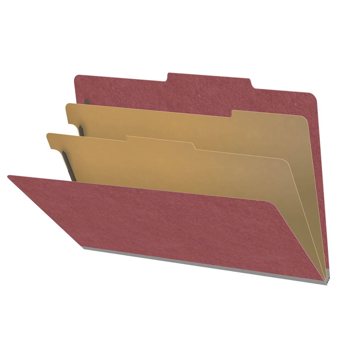 Dark red legal size top tab two divider classification folder with 2" russet brown tyvek expansion, with 2" bonded fasteners on inside front and inside back and 1" duo fastener on dividers - DV-T52-26-3ARD