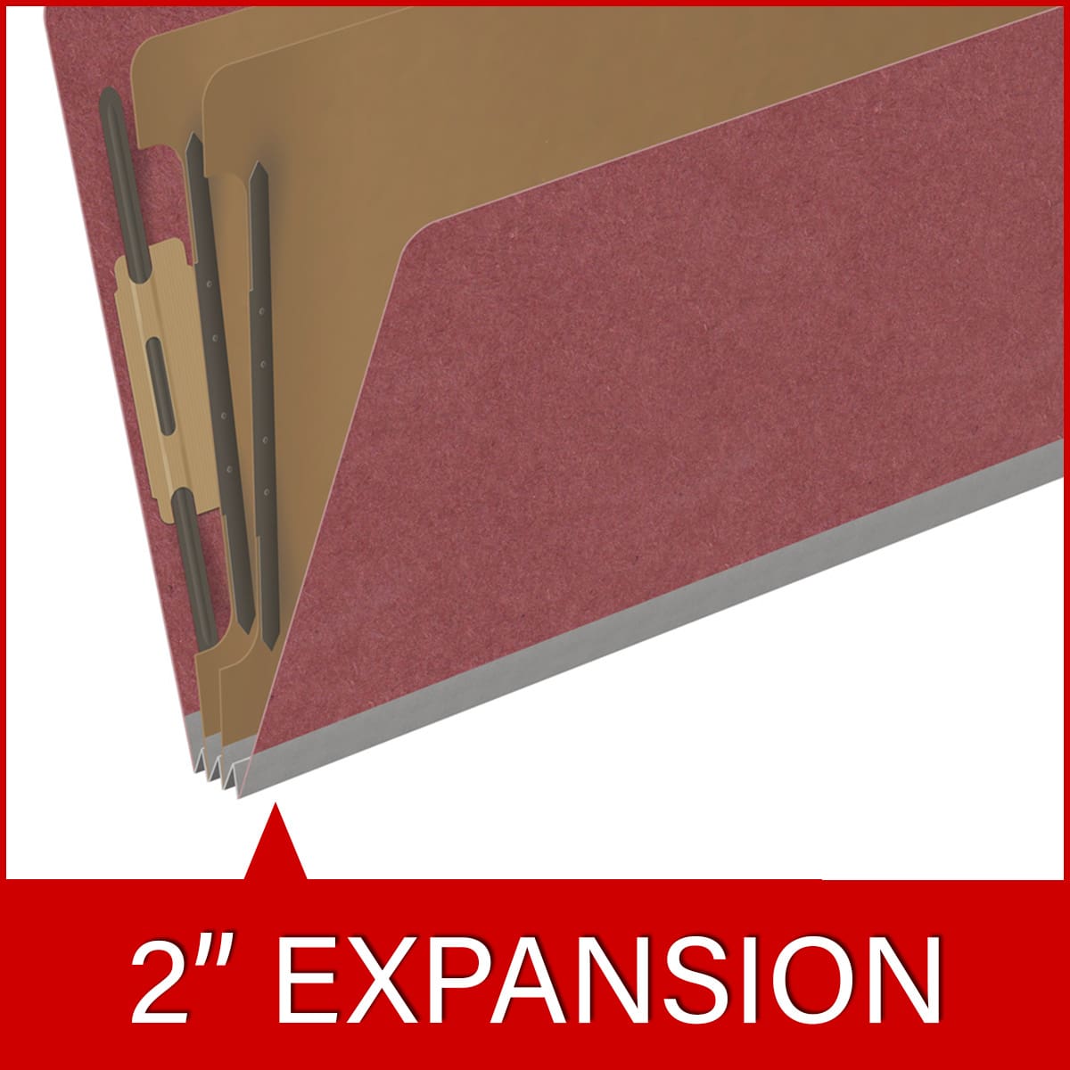 Dark red legal size top tab two divider classification folder with 2" russet brown tyvek expansion, with 2" bonded fasteners on inside front and inside back and 1" duo fastener on dividers - DV-T52-26-3ARD