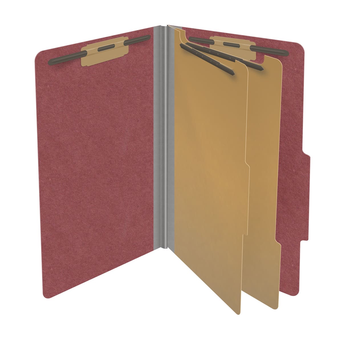 Dark red legal size top tab two divider classification folder with 2" russet brown tyvek expansion, with 2" bonded fasteners on inside front and inside back and 1" duo fastener on dividers - DV-T52-26-3ARD