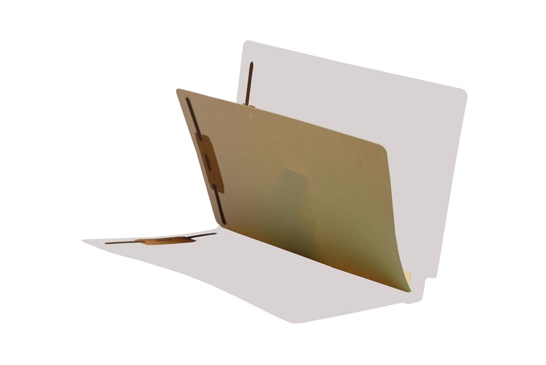 White letter size reinforced end tab folder with 2" bonded fastener on inside front and back, one manila divider installed with 2" bonded fasteners on both sides, and 3" mylar reinforement on spine - S-09286-WHT
