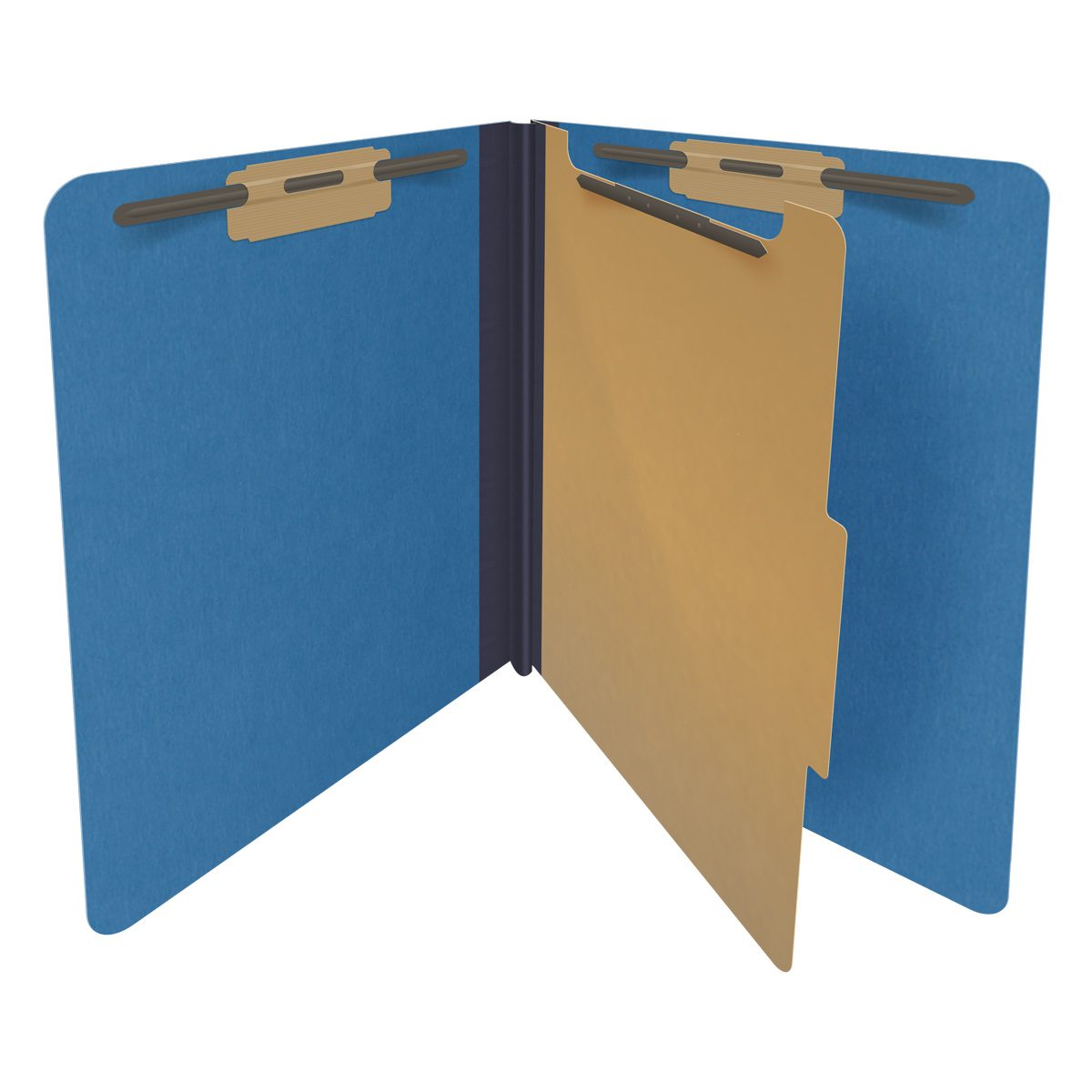 Royal blue letter size end tab one divider classification folder with 2" dark blue tyvek expansion, with 2" bonded fasteners on inside front and inside back and 1" duo fastener on divider - DV-S42-14-3RBL