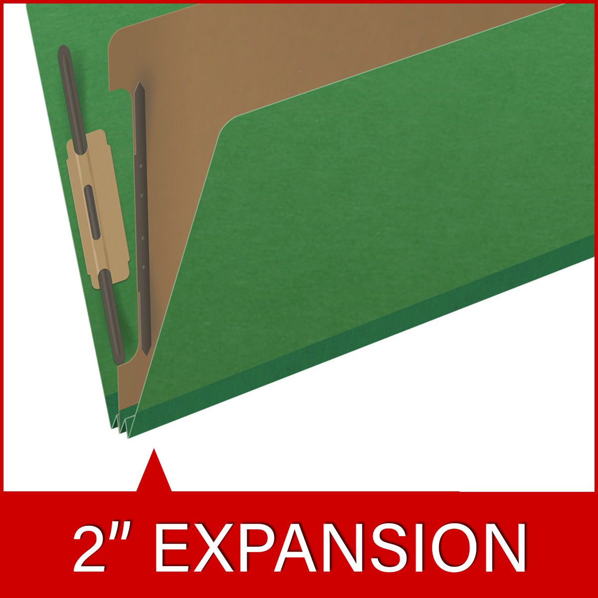 Moss green legal size end tab one divider classification folder with 2" dark green tyvek expansion, with 2" bonded fasteners on inside front and inside back and 1" duo fastener on divider - DV-S52-14-3MGN