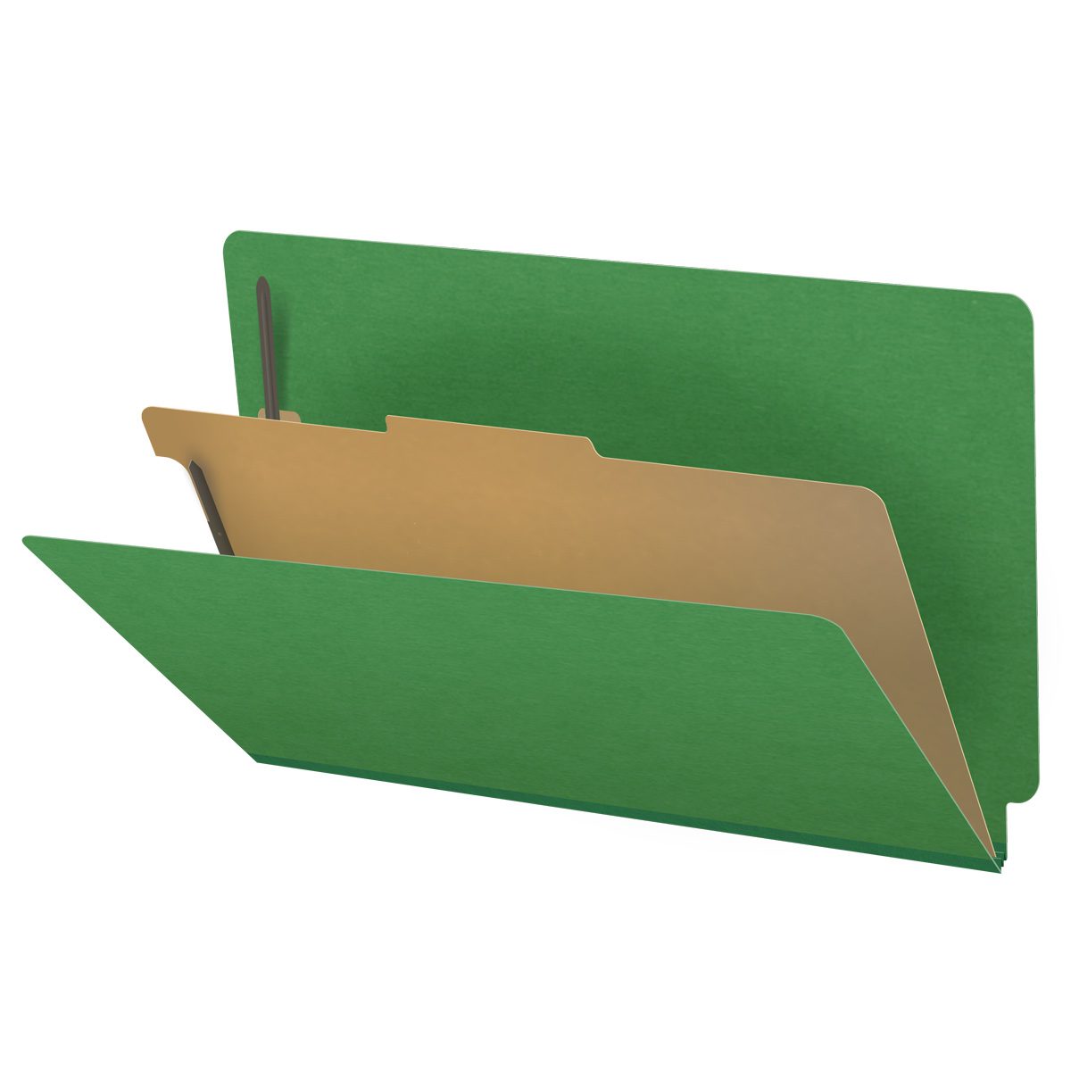 Moss green legal size end tab one divider classification folder with 2" dark green tyvek expansion, with 2" bonded fasteners on inside front and inside back and 1" duo fastener on divider - DV-S52-14-3MGN