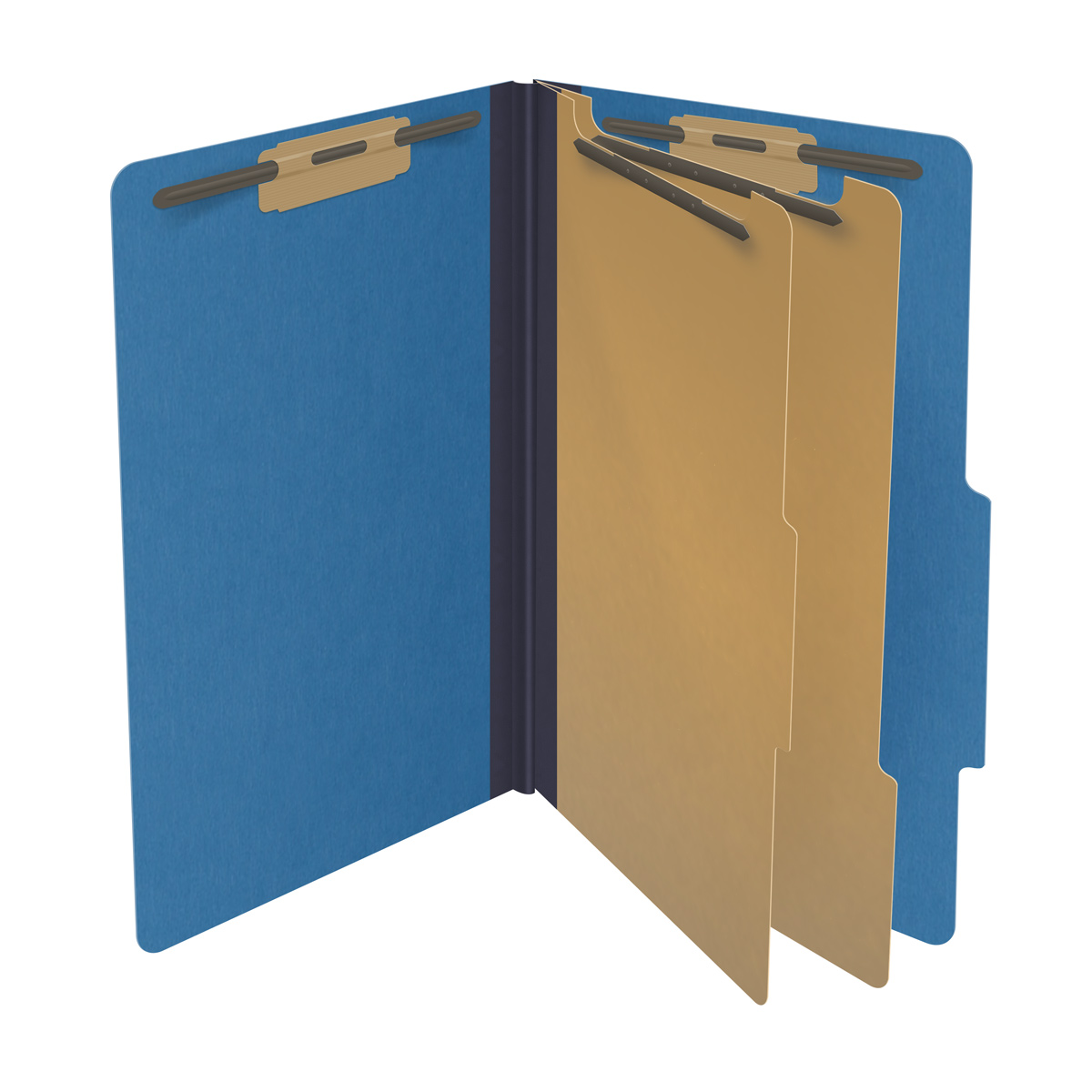 Royal blue legal size top tab two divider classification folder with 2" dark blue tyvek expansion, with 2" bonded fasteners on inside front and inside back and 1" duo fastener on dividers - DV-T52-26-3RBL
