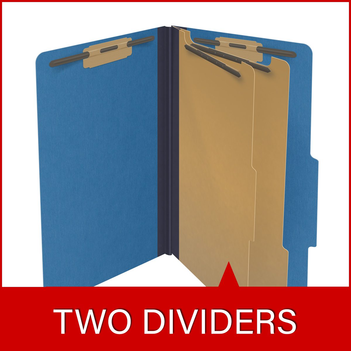 Royal blue legal size top tab two divider classification folder with 2" dark blue tyvek expansion, with 2" bonded fasteners on inside front and inside back and 1" duo fastener on dividers - DV-T52-26-3RBL