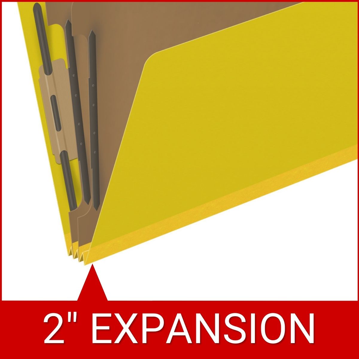 Yellow legal size end tab two divider classification folder with 2" lemon yellow tyvek expansion, with 2" bonded fasteners on inside front and inside back and 1" duo fastener on dividers - DV-S52-26-3YLW