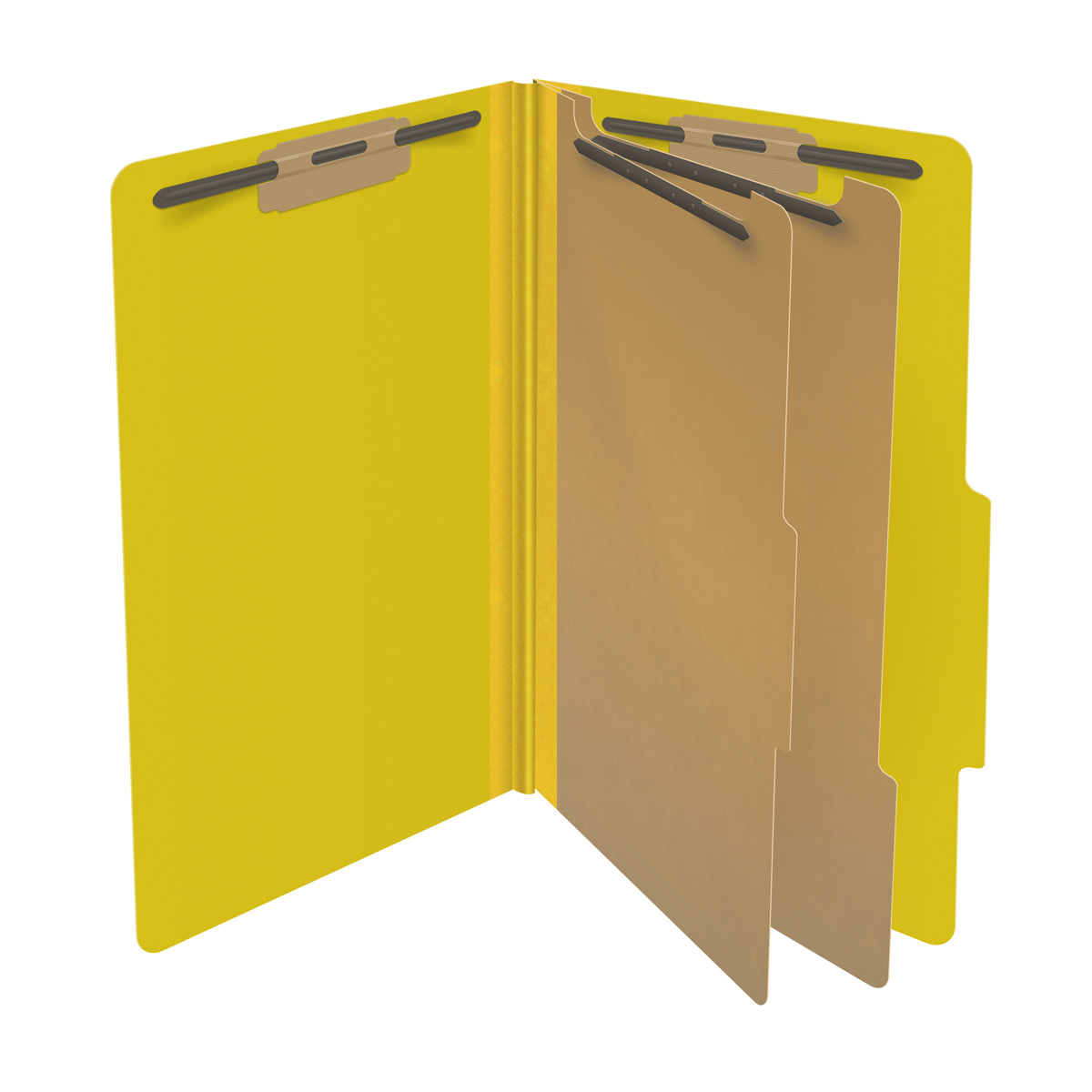 Yellow legal size top tab two divider classification folder with 2" lemon yellow tyvek expansion, with 2" bonded fasteners on inside front and inside back and 1" duo fastener on dividers - DV-T52-26-3YLW