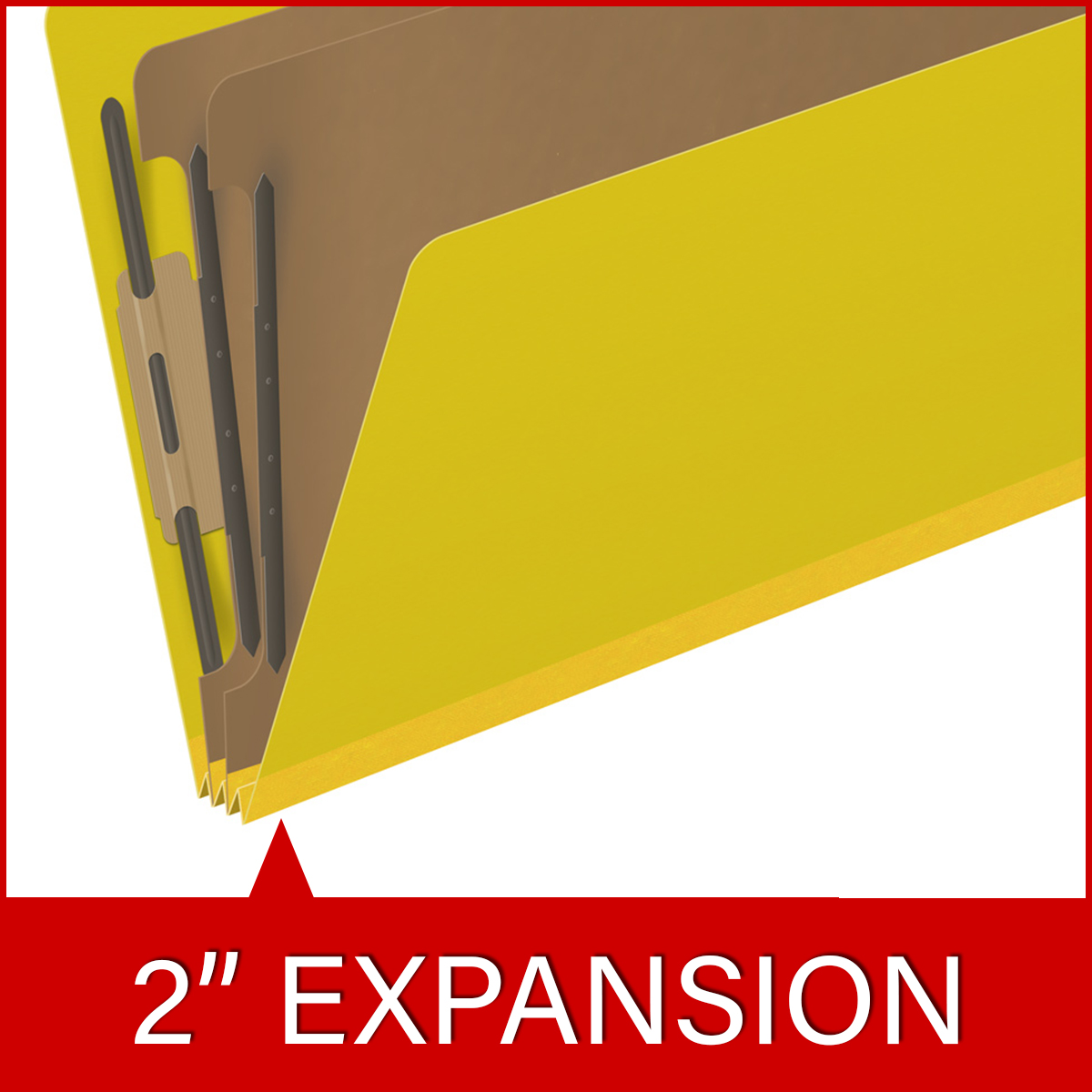Yellow legal size top tab two divider classification folder with 2" lemon yellow tyvek expansion, with 2" bonded fasteners on inside front and inside back and 1" duo fastener on dividers - DV-T52-26-3YLW