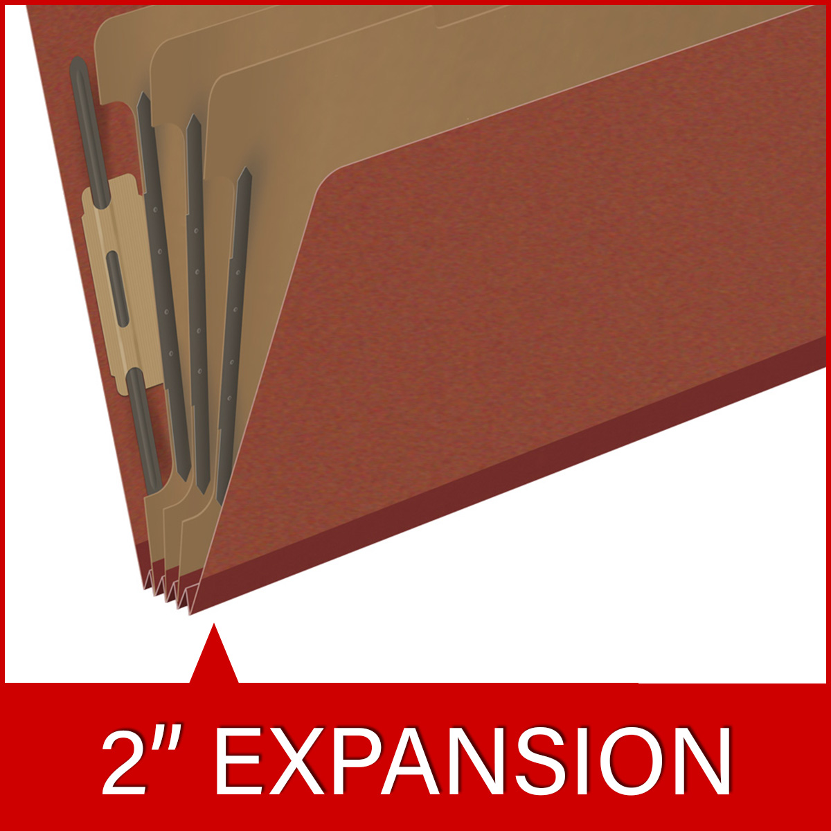 Red legal size end tab three divider classification folder with 3" russet brown tyvek expansion, with 2" bonded fasteners on inside front and inside back and 1" duo fastener on dividers - DV-S53-38-3RED
