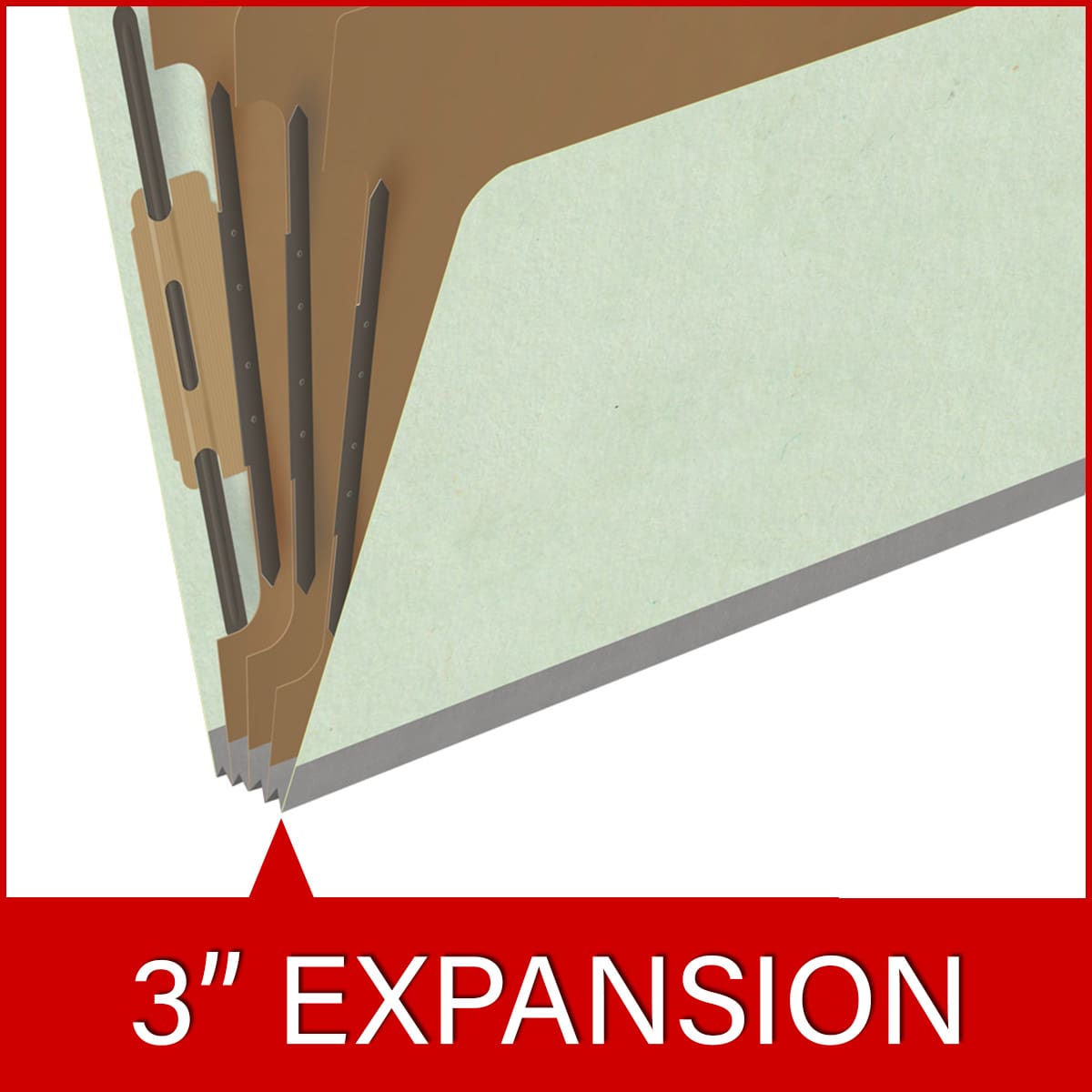 Pale green letter size top tab three divider classification folder with 3" gray tyvek expansion, with 2" bonded fasteners on inside front and inside back and 1" duo fastener on dividers - DV-T43-38-3PGN