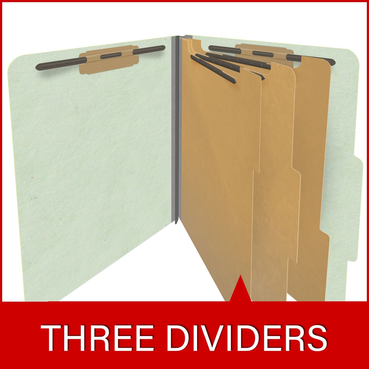 Pale green letter size top tab three divider classification folder with 3" gray tyvek expansion, with 2" bonded fasteners on inside front and inside back and 1" duo fastener on dividers - DV-T43-38-3PGN