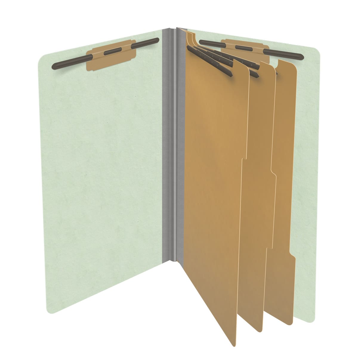 Pale green legal size end tab three divider classification folder with 3" gray tyvek expansion, with 2" bonded fasteners on inside front and inside back and 1" duo fastener on dividers - DV-S53-38-3PGN
