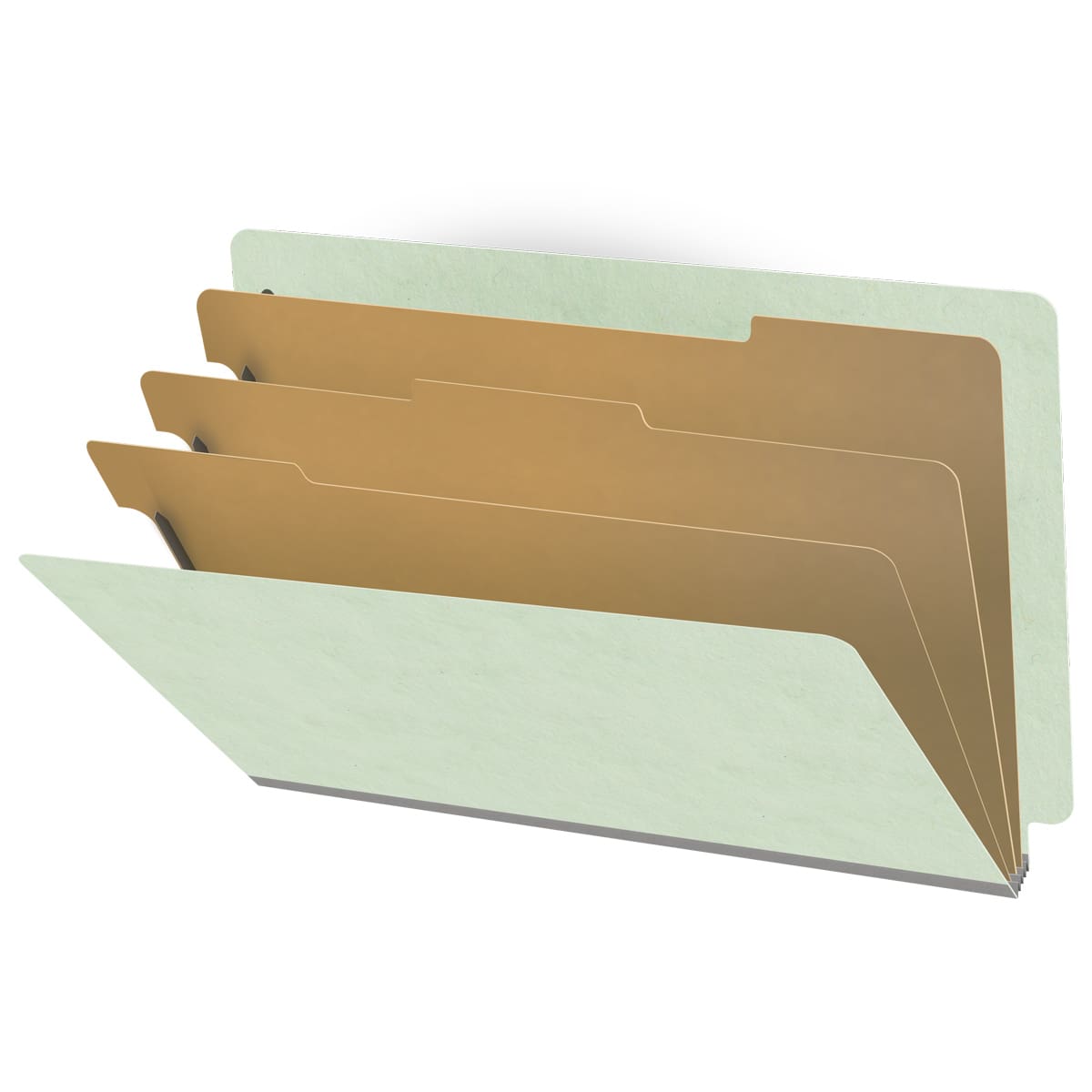 Pale green legal size end tab three divider classification folder with 3" gray tyvek expansion, with 2" bonded fasteners on inside front and inside back and 1" duo fastener on dividers - DV-S53-38-3PGN