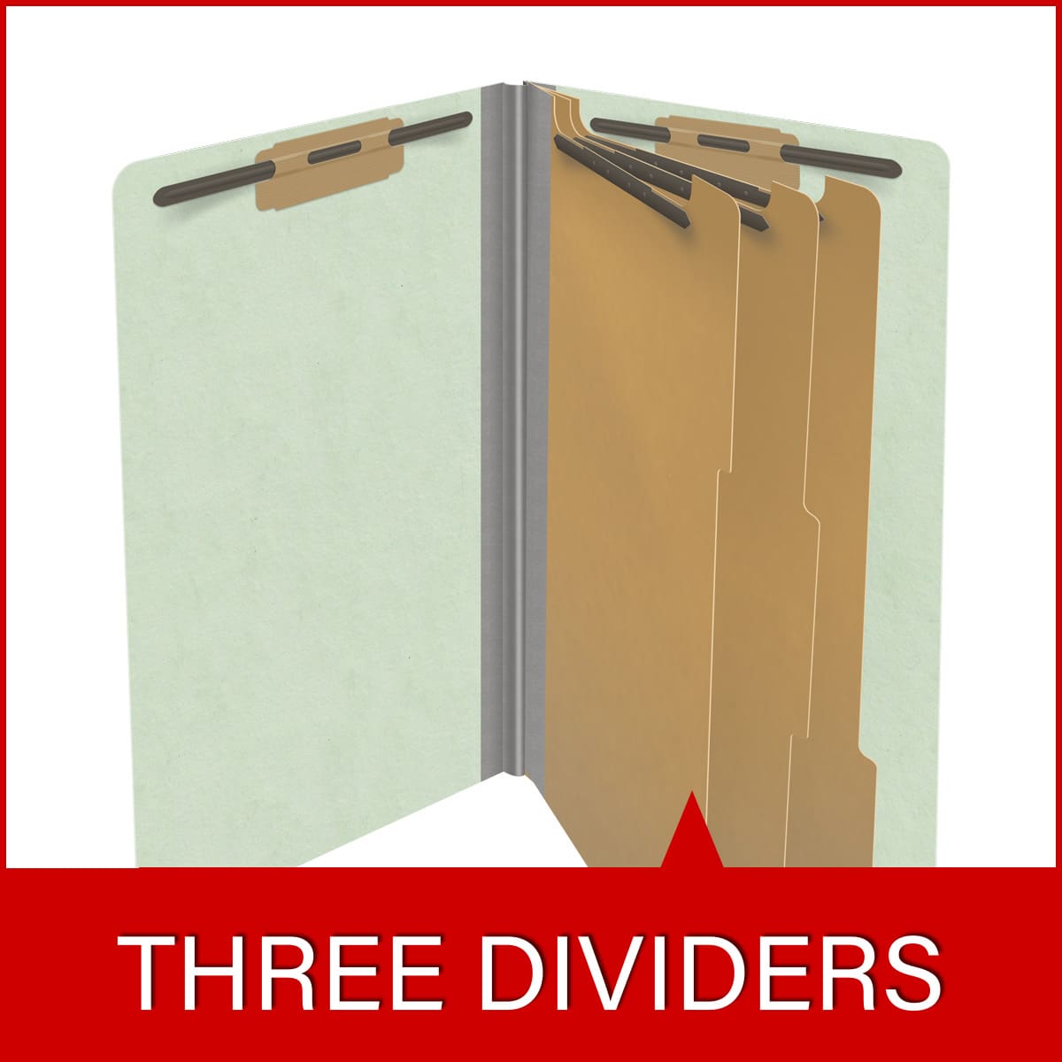 Pale green legal size end tab three divider classification folder with 3" gray tyvek expansion, with 2" bonded fasteners on inside front and inside back and 1" duo fastener on dividers - DV-S53-38-3PGN