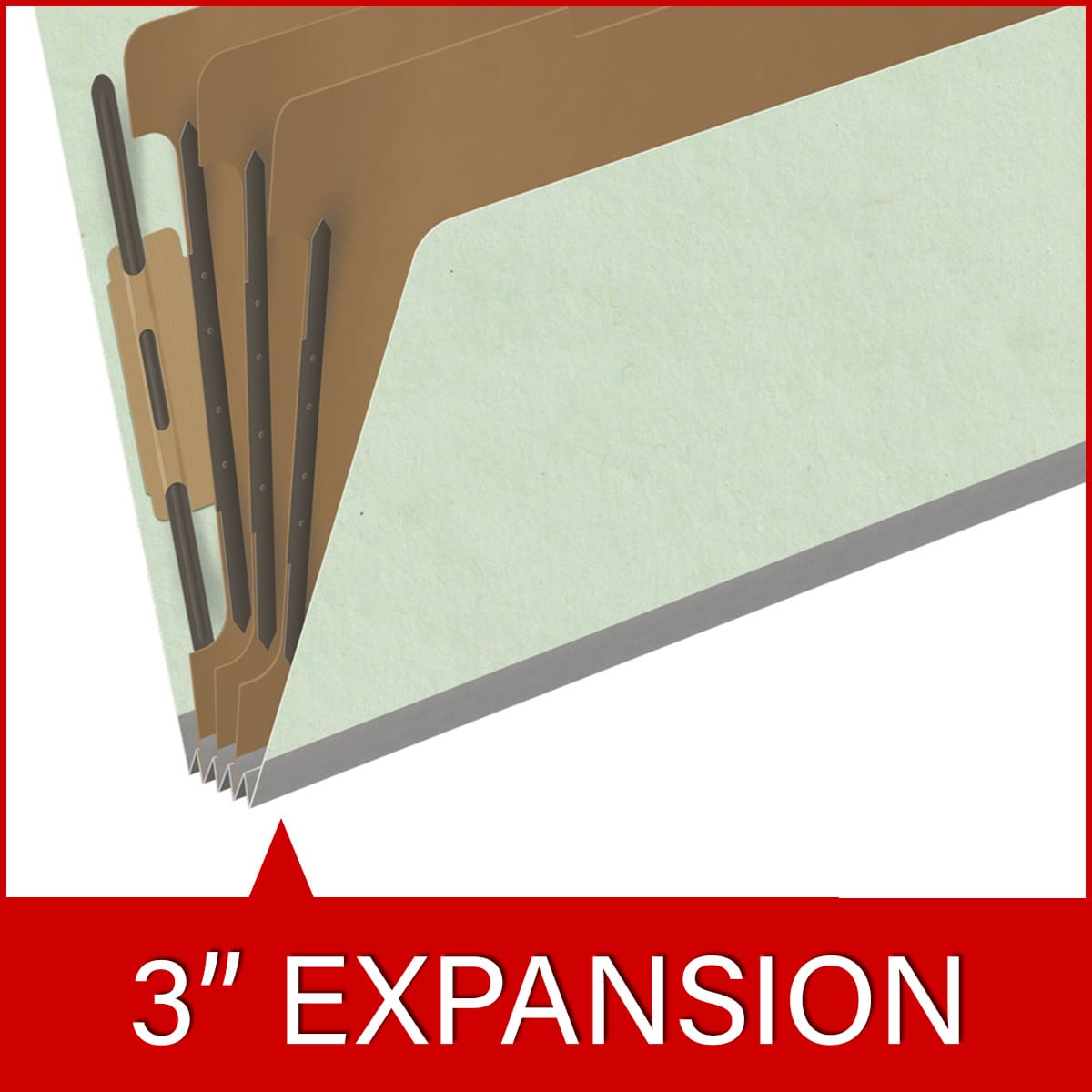 Pale green legal size end tab three divider classification folder with 3" gray tyvek expansion, with 2" bonded fasteners on inside front and inside back and 1" duo fastener on dividers - DV-S53-38-3PGN