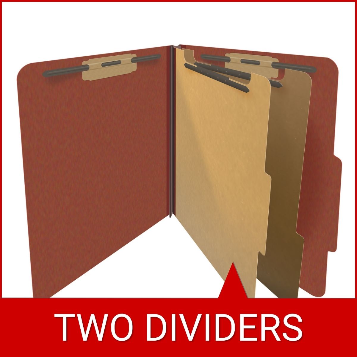 Red letter size top tab two divider classification folder with 2" russet brown tyvek expansion, with 2" bonded fasteners on inside front and inside back and 1" duo fastener on dividers - DV-T42-26-3RED