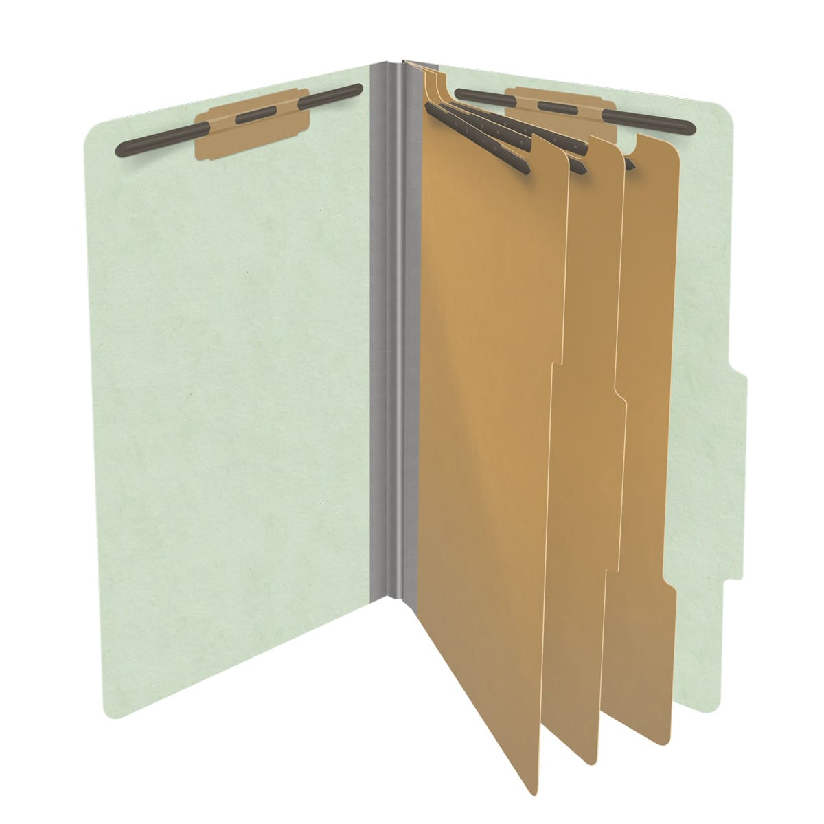 Pale green legal size top tab three divider classification folder with 3" gray tyvek expansion, with 2" bonded fasteners on inside front and inside back and 1" duo fastener on dividers - DV-T53-38-3PGN