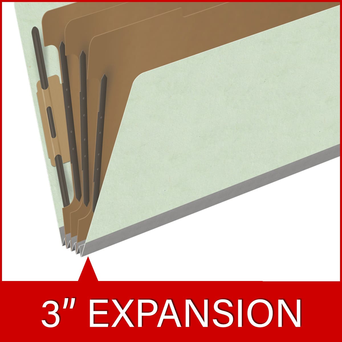 Pale green legal size top tab three divider classification folder with 3" gray tyvek expansion, with 2" bonded fasteners on inside front and inside back and 1" duo fastener on dividers - DV-T53-38-3PGN