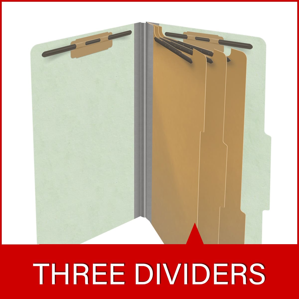 Pale green legal size top tab three divider classification folder with 3" gray tyvek expansion, with 2" bonded fasteners on inside front and inside back and 1" duo fastener on dividers - DV-T53-38-3PGN
