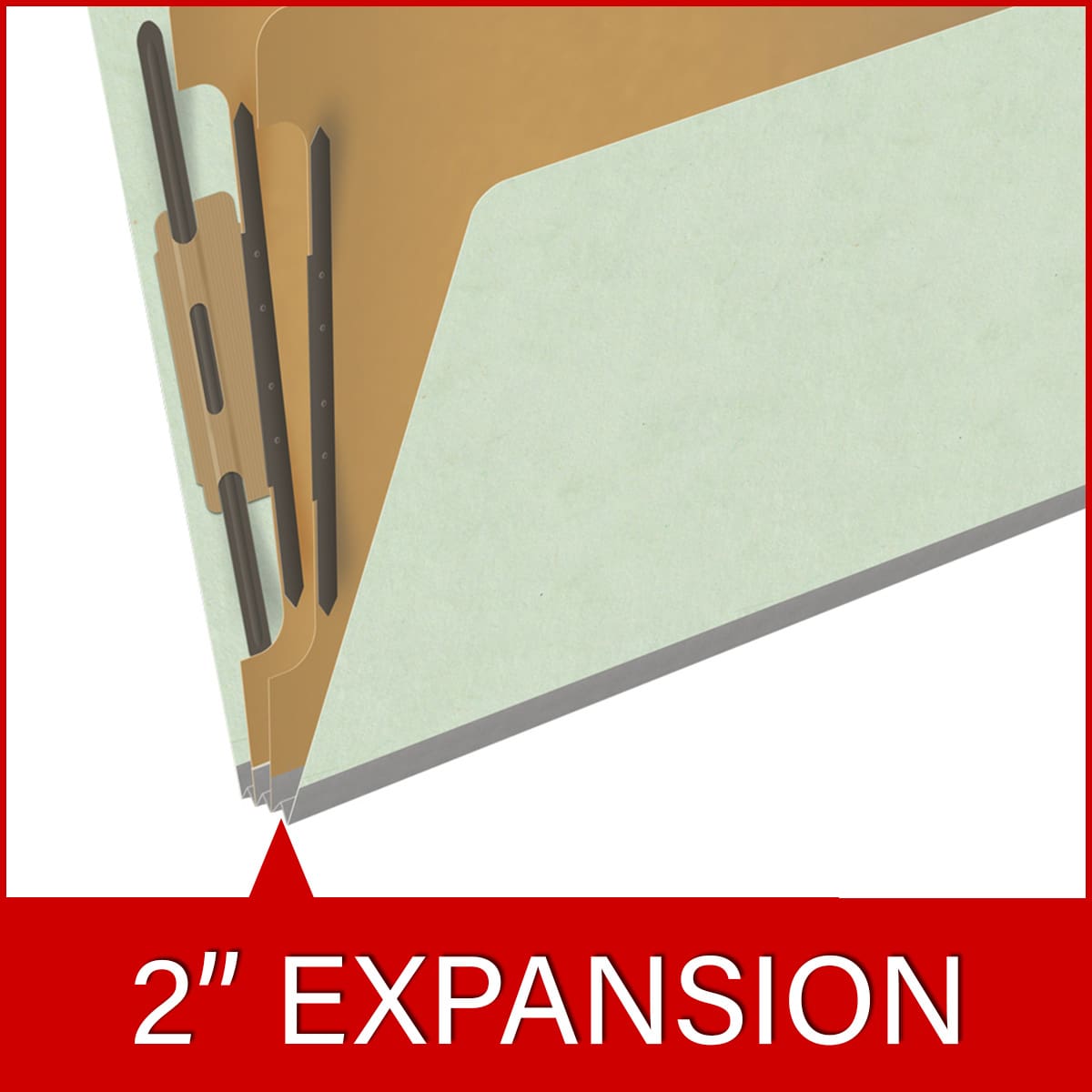 Pale green letter size end tab two divider classification folder with 2" gray tyvek expansion, with 2" bonded fasteners on inside front and inside back and 1" duo fastener on dividers - DV-S42-26-3PGN