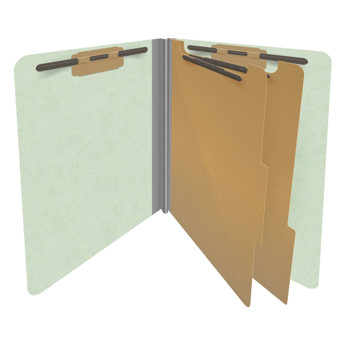 Pale green letter size end tab two divider classification folder with 2" gray tyvek expansion, with 2" bonded fasteners on inside front and inside back and 1" duo fastener on dividers - DV-S42-26-3PGN