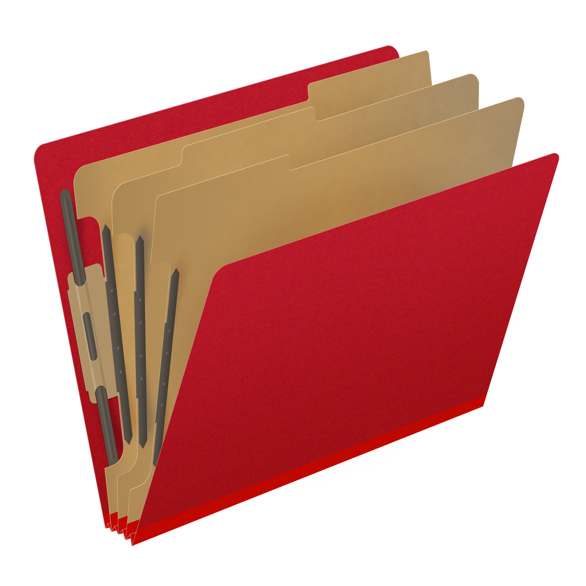 Deep red letter size end tab three divider classification folder with 3" gray tyvek expansion, with 2" bonded fasteners on inside front and inside back and 1" duo fastener on dividers - DV-S43-38-3DRD