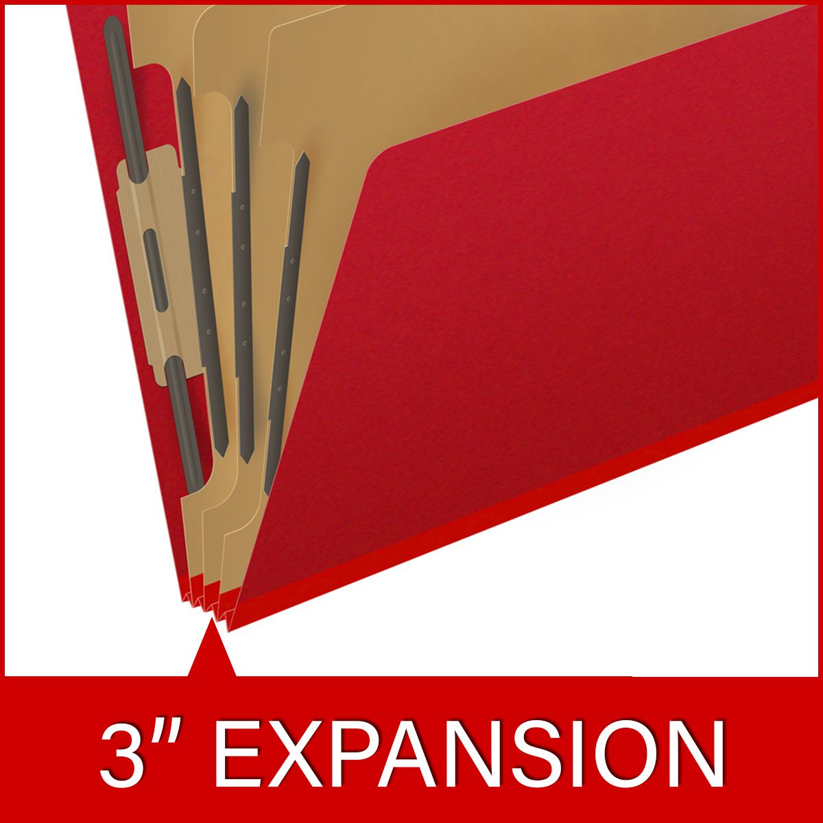 Deep red letter size end tab three divider classification folder with 3" gray tyvek expansion, with 2" bonded fasteners on inside front and inside back and 1" duo fastener on dividers - DV-S43-38-3DRD