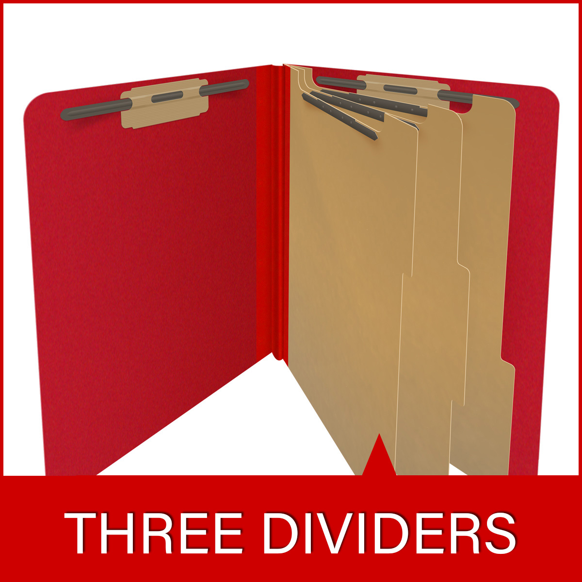 Deep red letter size end tab three divider classification folder with 3" gray tyvek expansion, with 2" bonded fasteners on inside front and inside back and 1" duo fastener on dividers - DV-S43-38-3DRD