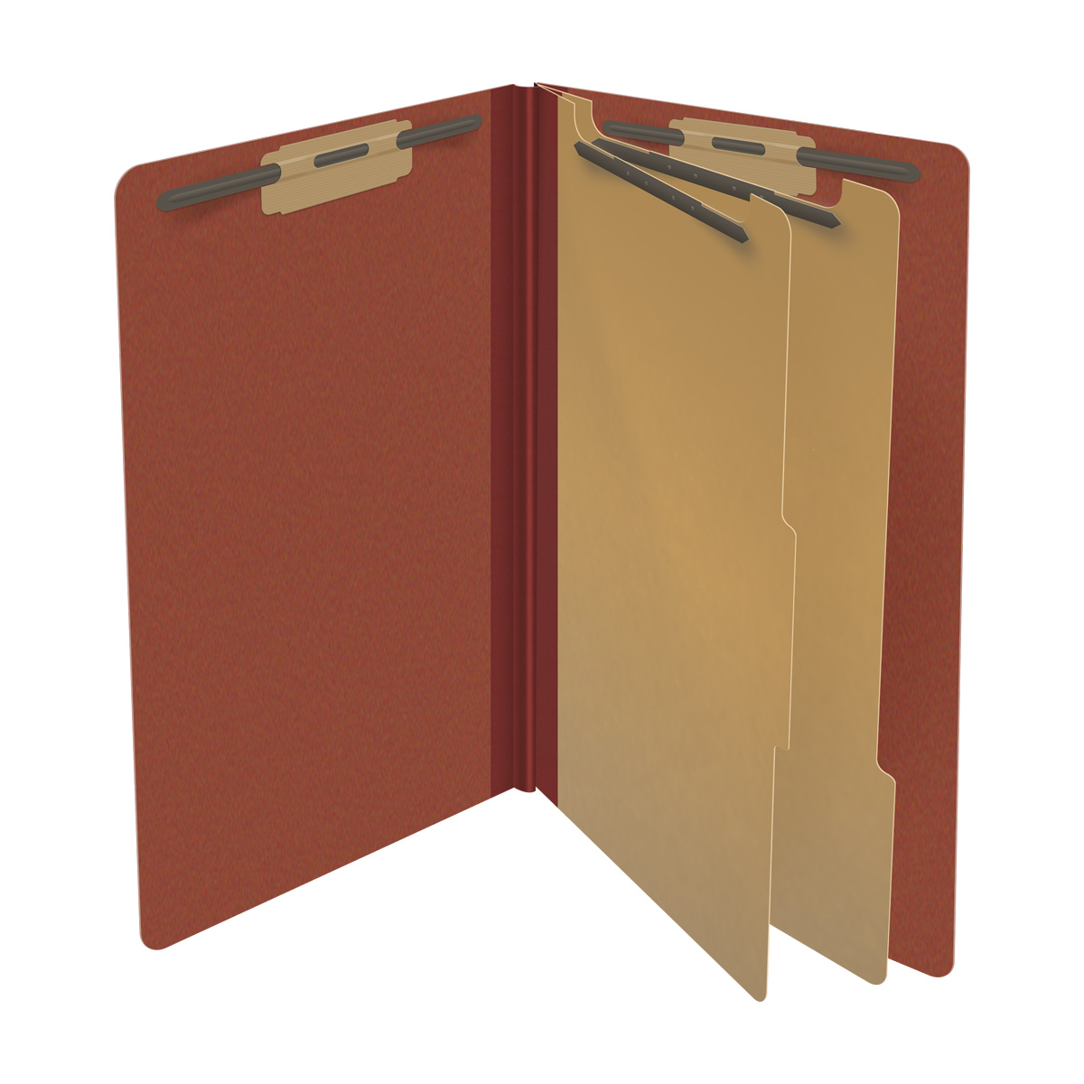 Red legal size end tab two divider classification folder with 2" russet brown tyvek expansion, with 2" bonded fasteners on inside front and inside back and 1" duo fastener on dividers - DV-S52-26-3RED
