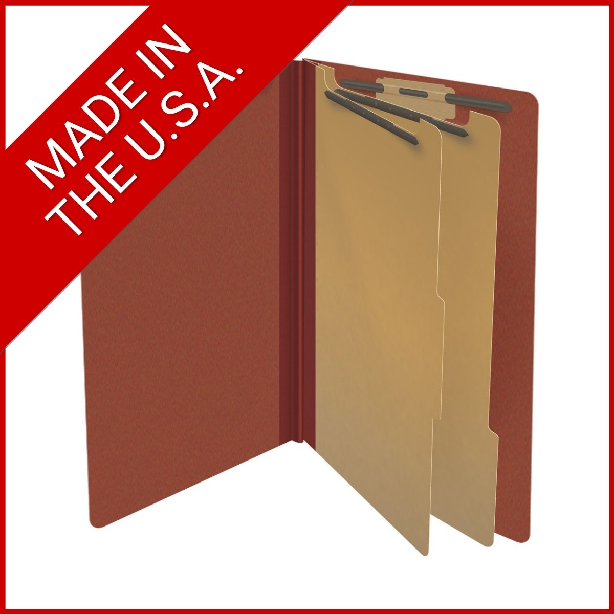 Red legal size end tab two divider classification folder with 2" russet brown tyvek expansion, with 2" bonded fasteners on inside front and inside back and 1" duo fastener on dividers - DV-S52-26-3RED