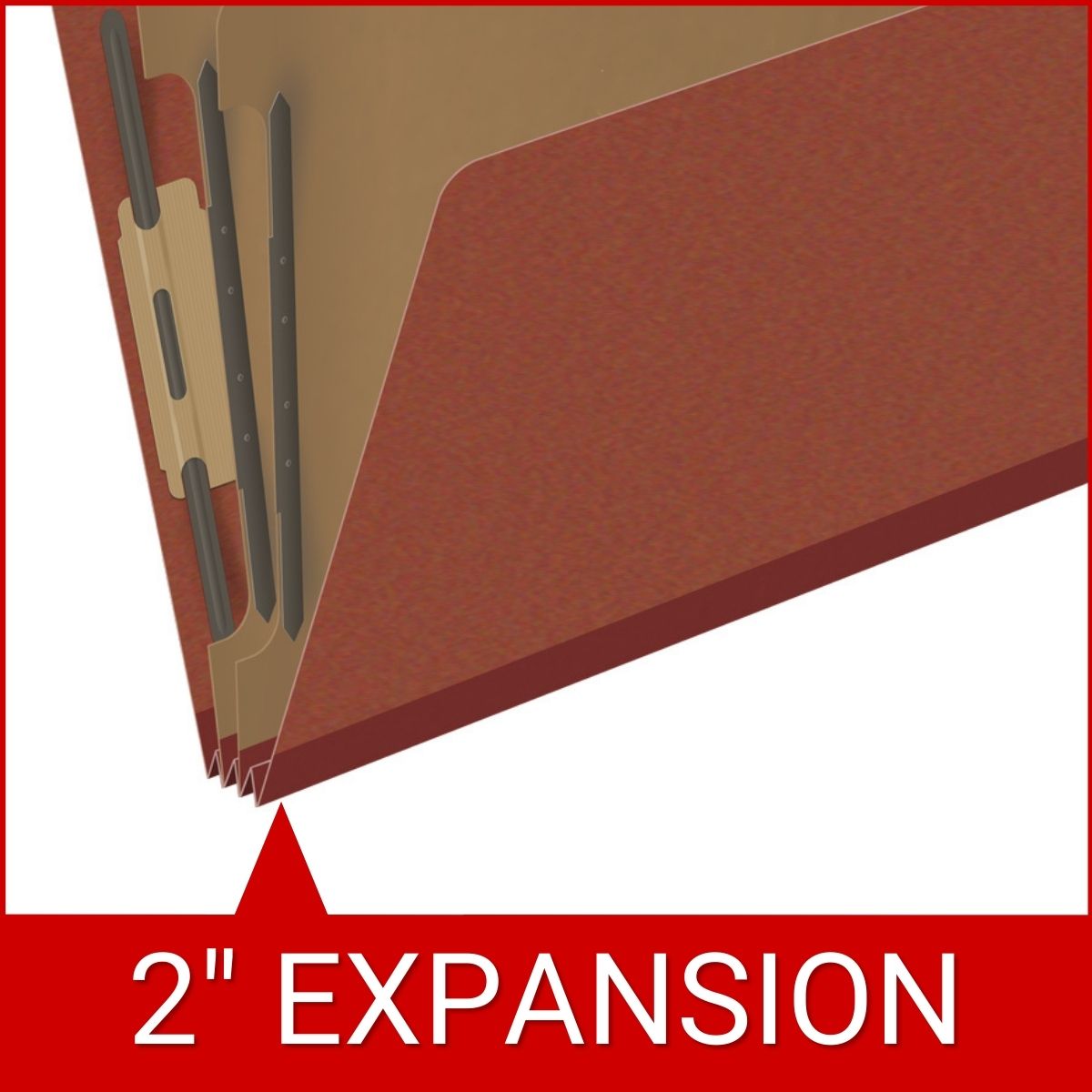 Red legal size end tab two divider classification folder with 2" russet brown tyvek expansion, with 2" bonded fasteners on inside front and inside back and 1" duo fastener on dividers - DV-S52-26-3RED
