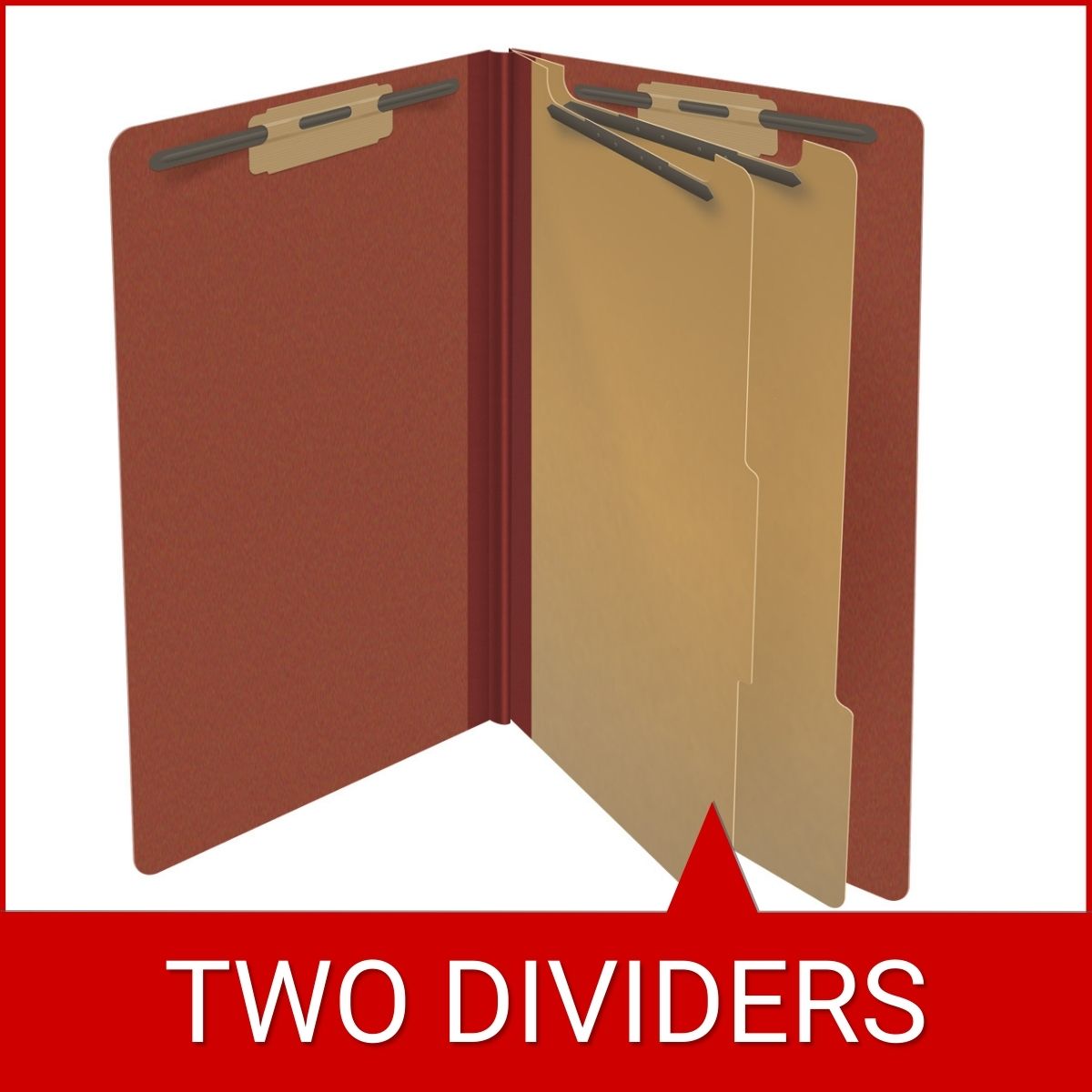 Red legal size end tab two divider classification folder with 2" russet brown tyvek expansion, with 2" bonded fasteners on inside front and inside back and 1" duo fastener on dividers - DV-S52-26-3RED