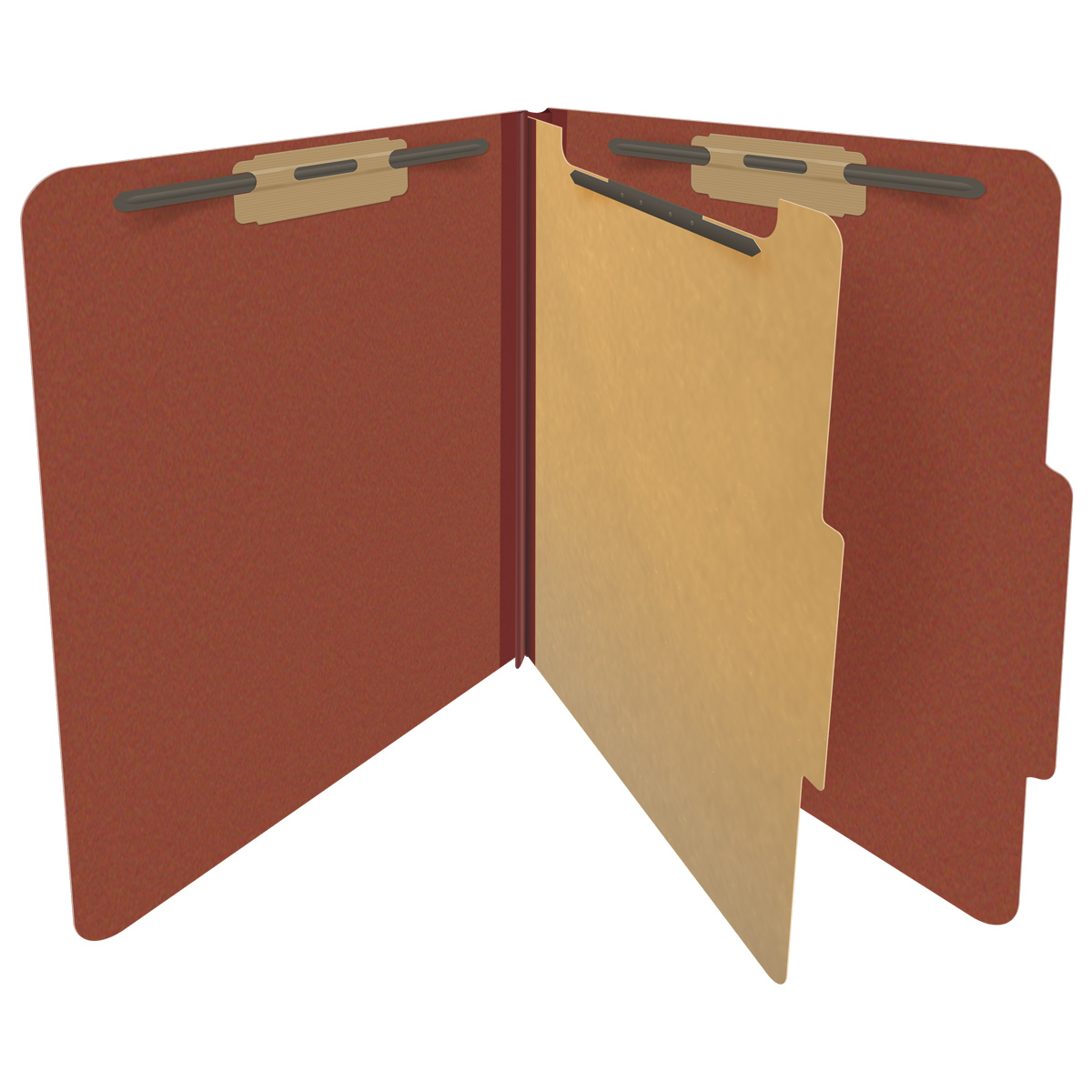 Red letter size top tab one divider classification folder with 2" russet brown tyvek expansion, with 2" bonded fasteners on inside front and inside back and 1" duo fastener on divider - DV-T42-14-3RED