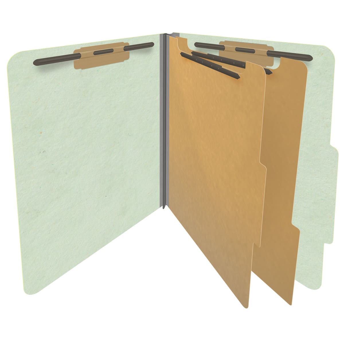 Pale green letter size top tab two divider classification folder with 2" gray tyvek expansion, with 2" bonded fasteners on inside front and inside back and 1" duo fastener on dividers - DV-T42-26-3PGN
