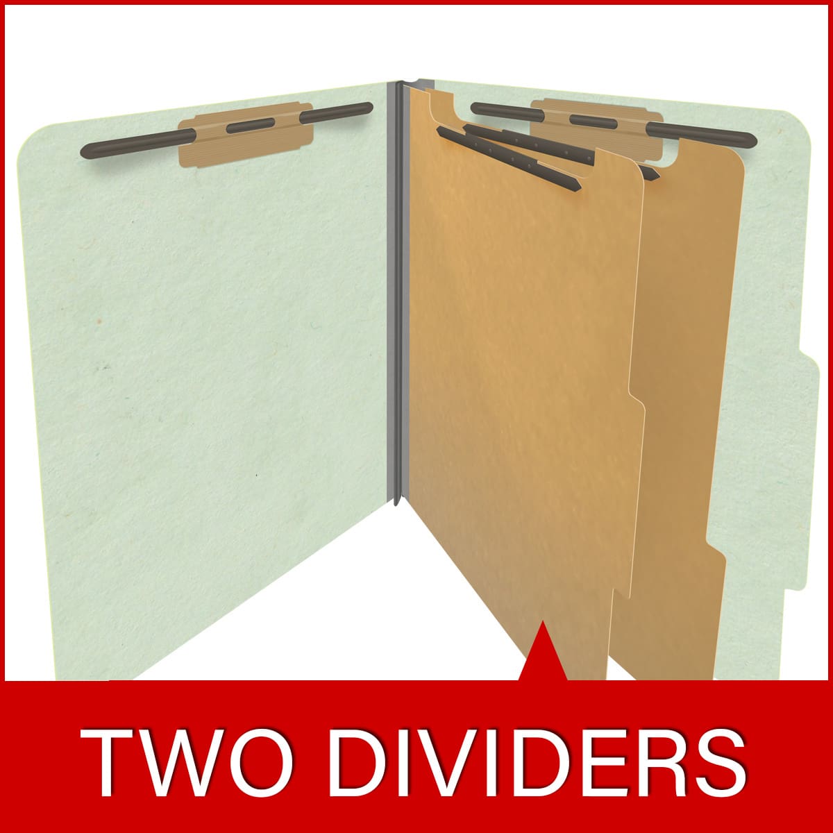 Pale green letter size top tab two divider classification folder with 2" gray tyvek expansion, with 2" bonded fasteners on inside front and inside back and 1" duo fastener on dividers - DV-T42-26-3PGN