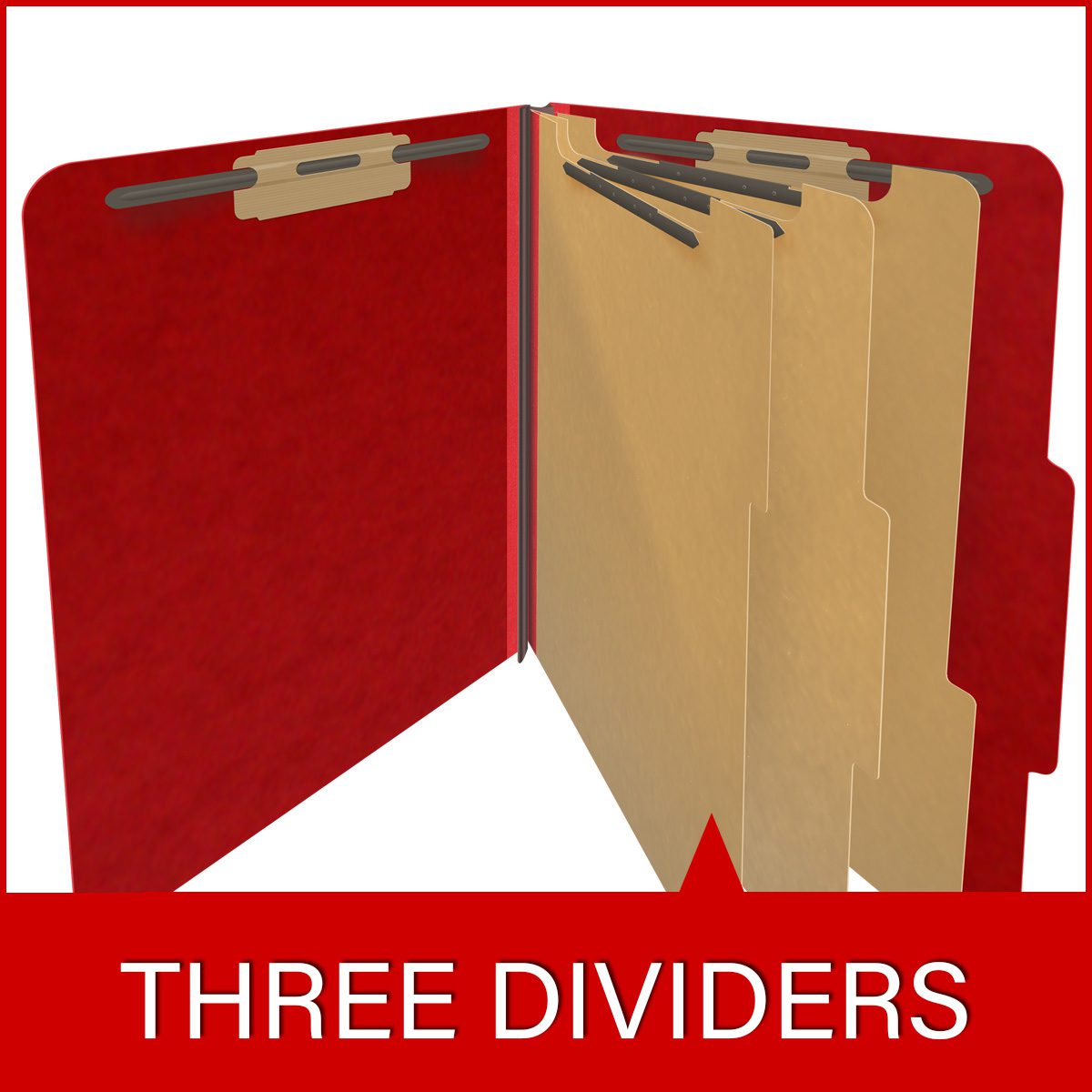 Deep red letter size top tab three divider classification folder with 3" gray tyvek expansion, with 2" bonded fasteners on inside front and inside back and 1" duo fastener on dividers - DV-T43-38-3DRD