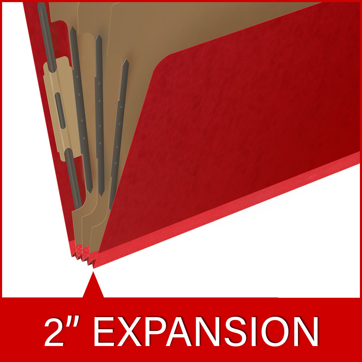 Deep red letter size top tab three divider classification folder with 3" gray tyvek expansion, with 2" bonded fasteners on inside front and inside back and 1" duo fastener on dividers - DV-T43-38-3DRD