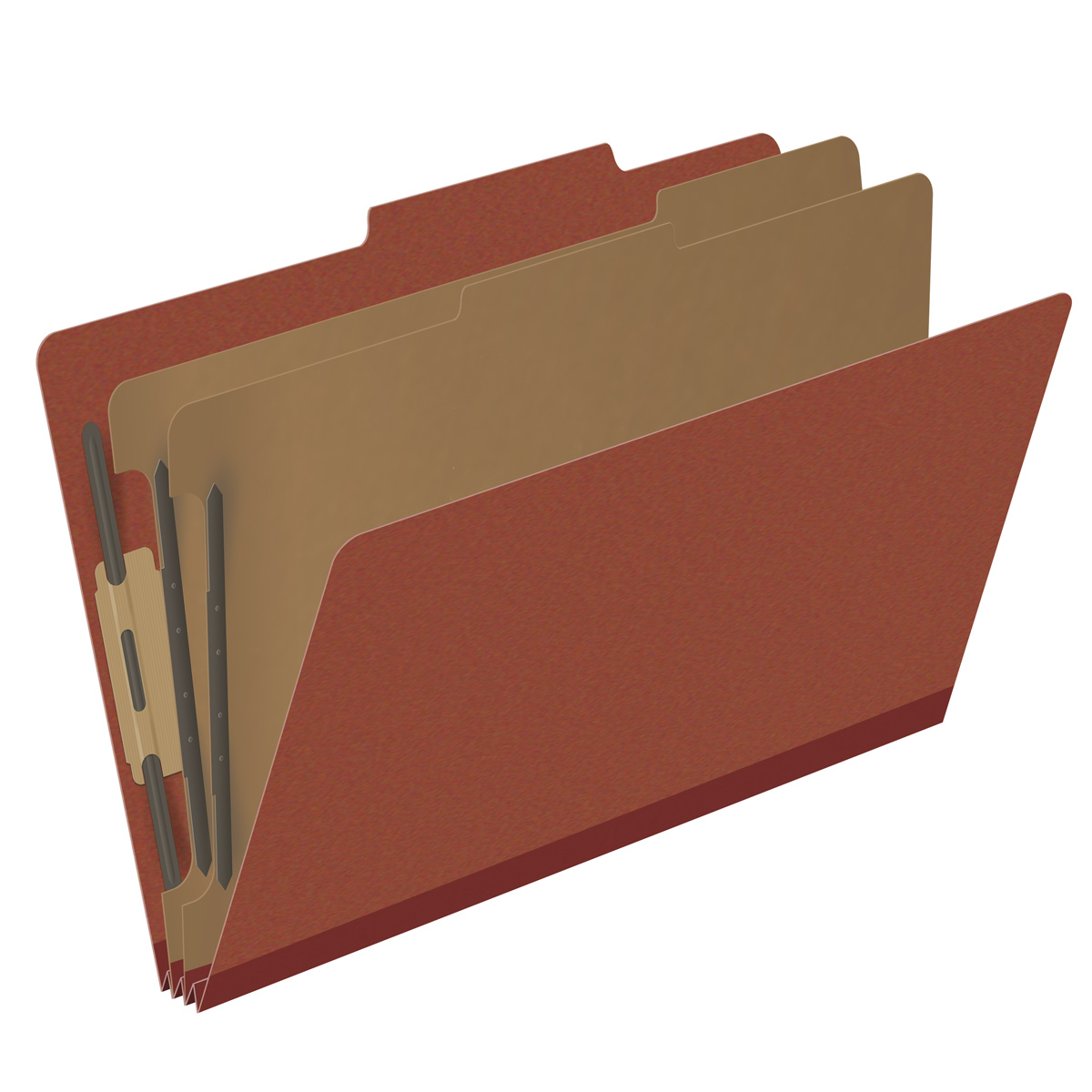 Red legal size top tab two divider classification folder with 2" russet brown tyvek expansion, with 2" bonded fasteners on inside front and inside back and 1" duo fastener on dividers - DV-T52-26-3RED