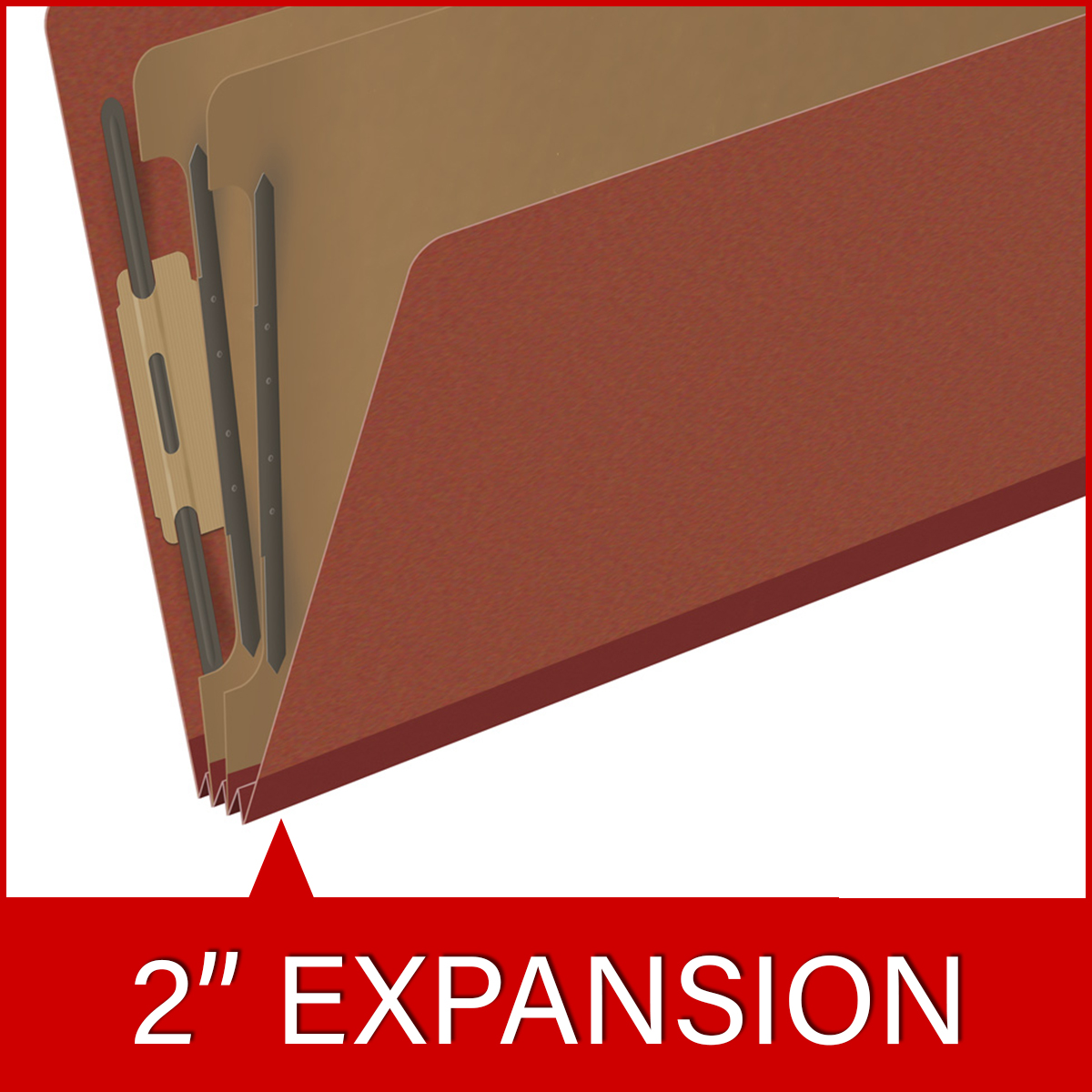 Red legal size top tab two divider classification folder with 2" russet brown tyvek expansion, with 2" bonded fasteners on inside front and inside back and 1" duo fastener on dividers - DV-T52-26-3RED