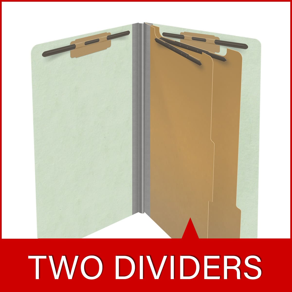 Pale green legal size end tab two divider classification folder with 2" gray tyvek expansion, with 2" bonded fasteners on inside front and inside back and 1" duo fastener on dividers - DV-S52-26-3PGN