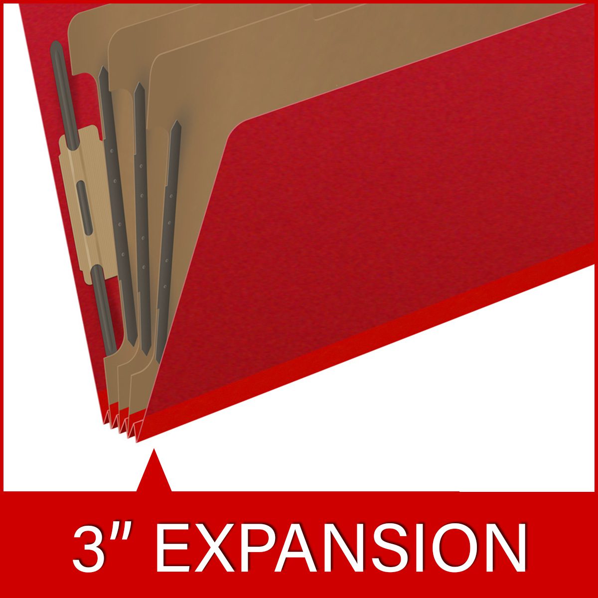Deep red legal size end tab three divider classification folder with 3" gray tyvek expansion, with 2" bonded fasteners on inside front and inside back and 1" duo fastener on dividers - DV-S53-38-3DRD