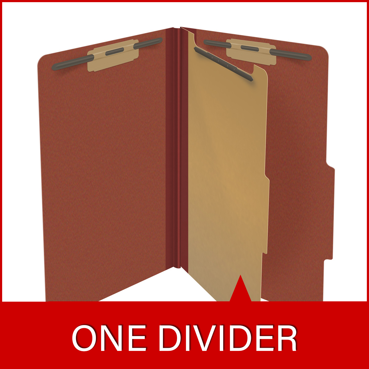 Red legal size top tab one divider classification folder with 2" russet brown tyvek expansion, with 2" bonded fasteners on inside front and inside back and 1" duo fastener on divider - DV-T52-14-3RED