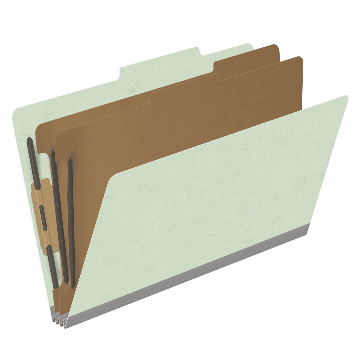 Pale green legal size top tab two divider classification folder with 2" gray tyvek expansion, with 2" bonded fasteners on inside front and inside back and 1" duo fastener on dividers - DV-T52-26-3PGN