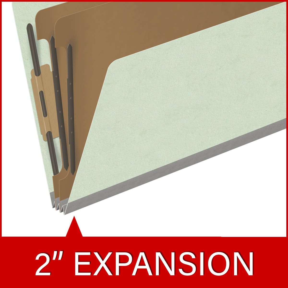Pale green legal size top tab two divider classification folder with 2" gray tyvek expansion, with 2" bonded fasteners on inside front and inside back and 1" duo fastener on dividers - DV-T52-26-3PGN