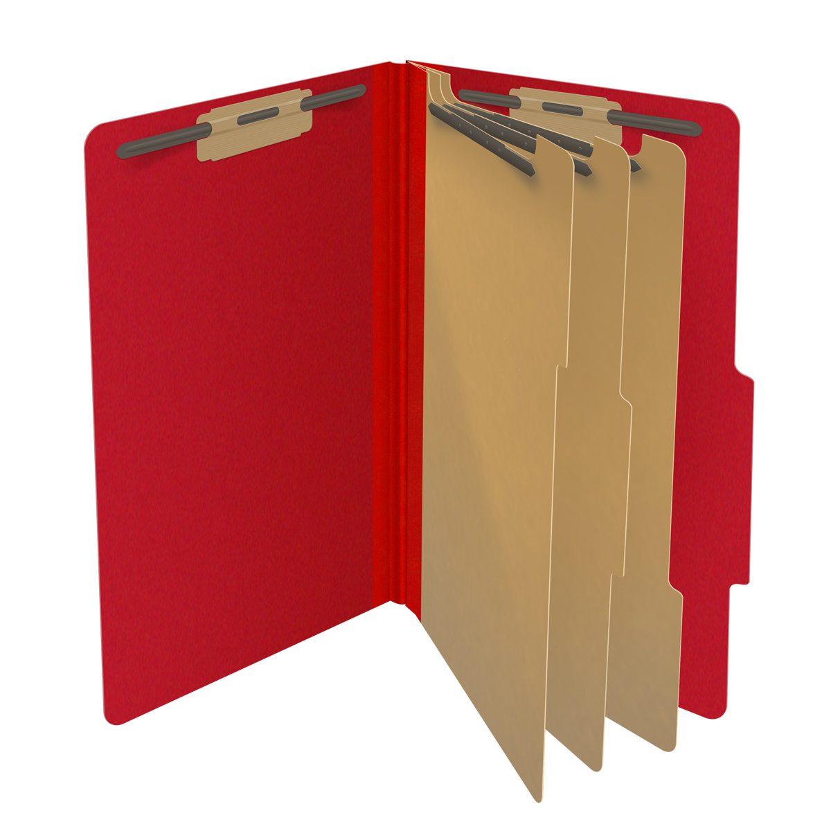 Deep red legal size top tab three divider classification folder with 3" gray tyvek expansion, with 2" bonded fasteners on inside front and inside back and 1" duo fastener on dividers - DV-T53-38-3DRD