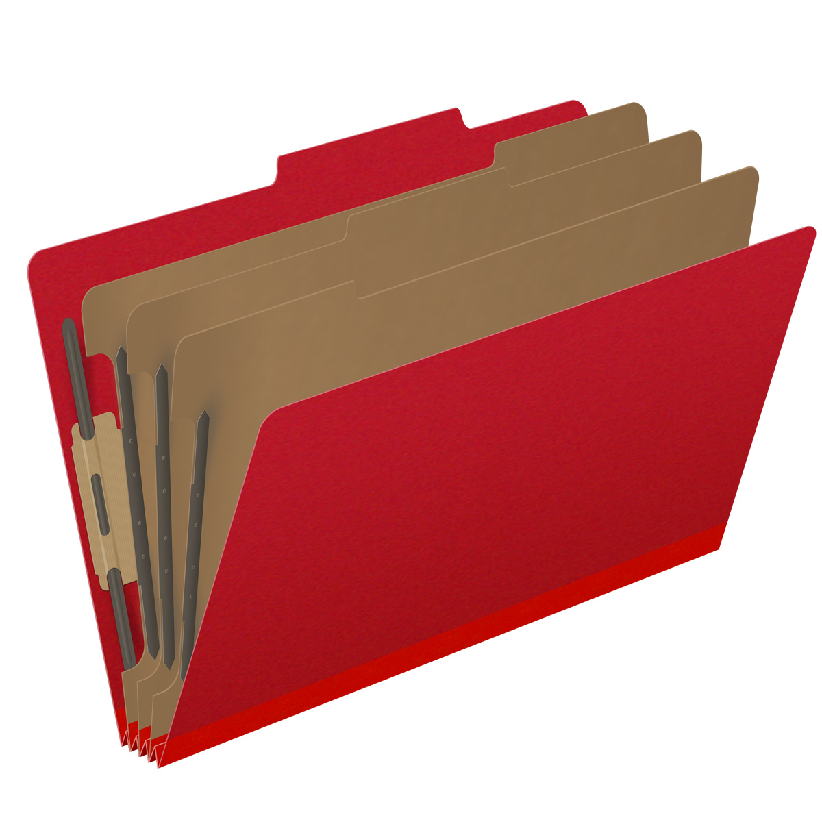 Deep red legal size top tab three divider classification folder with 3" gray tyvek expansion, with 2" bonded fasteners on inside front and inside back and 1" duo fastener on dividers - DV-T53-38-3DRD